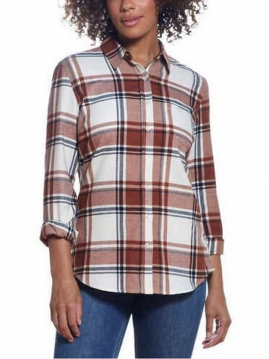 Weatherproof Tops - Weatherproof Women's Cream and rust Plaid Button-Down Shirt